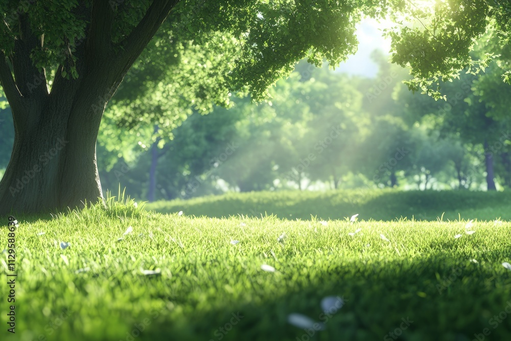 Sunlit Park with Green Grass and Trees Illuminated by Natural Light Sunlit Park with Green Grass and Trees Illuminated by Natural Light