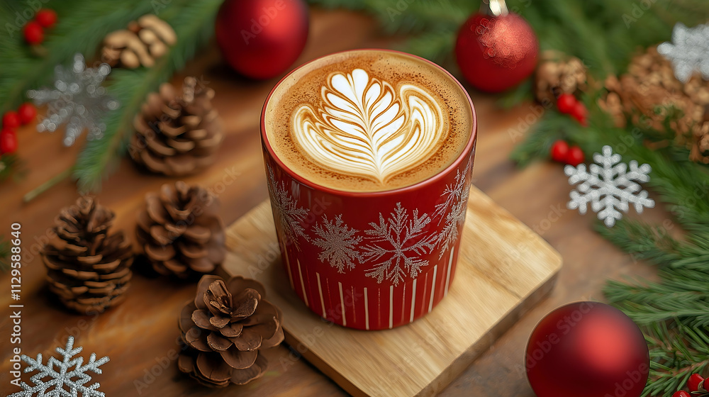 A warm, festive cup of latte art with holiday decorations and pine cones, perfect for cozy winter vibes. A warm, festive cup of latte art with holiday decorations and pine cones, perfect for cozy winter vibes.