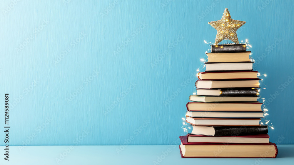 Stack of books arranged as a Christmas tree, highlighting education, creativity, and festive innovation. Banner for library Stack of books arranged as a Christmas tree, highlighting education, creativity, and festive innovation. Banner for library