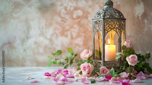 Ornate Lantern Candlelight Pink Roses Soft Background