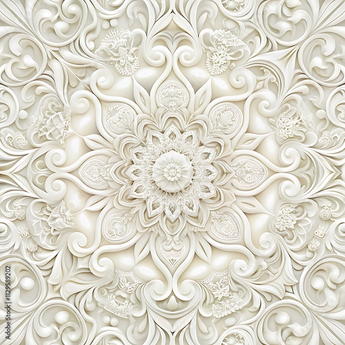 Intricate white abstract patterns on a smooth white background.