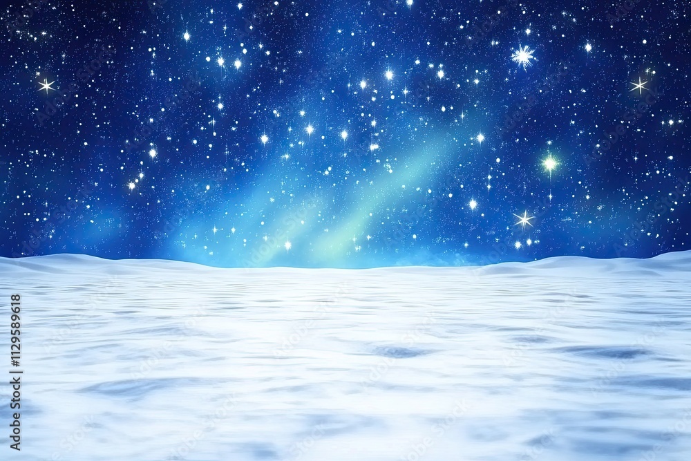 Fototapeta premium Starlit sky over snowy tundra with shimmering aurora borealis on the horizon