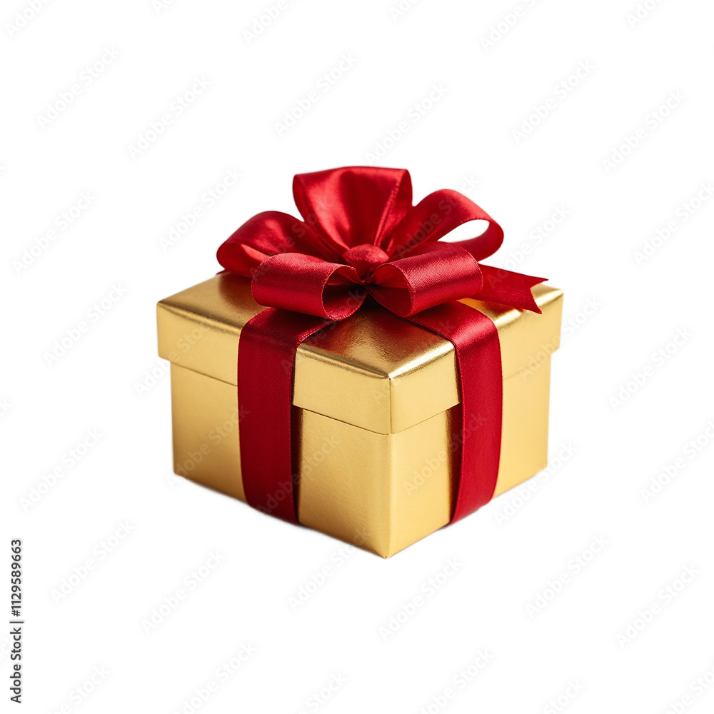 Elegant golden gift box with red bow on white Elegant golden gift box with red bow on white