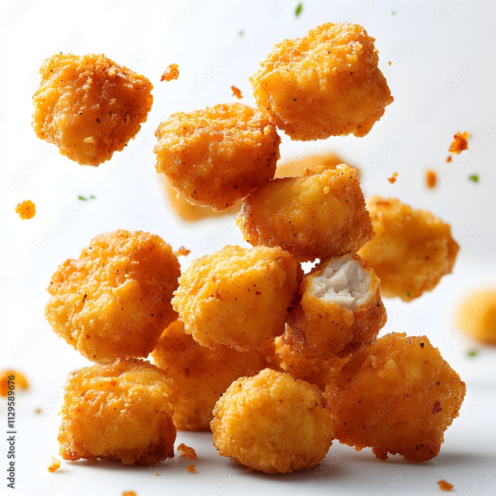 Fried chicken nuggets falling in the air on a white background design,
Fried chicken nuggets falling in the air on a white background design,