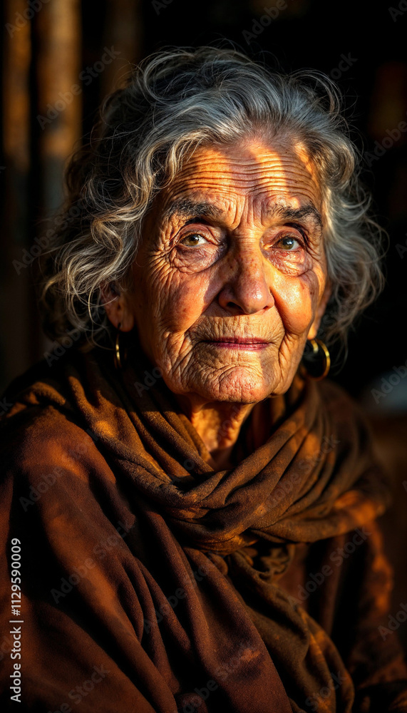 Wise Elderly Woman’s Portrait Captured in Golden Hour Warmth Wise Elderly Woman’s Portrait Captured in Golden Hour Warmth