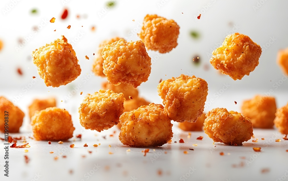 Fried chicken nuggets falling in the air on a white background design,
Fried chicken nuggets falling in the air on a white background design,