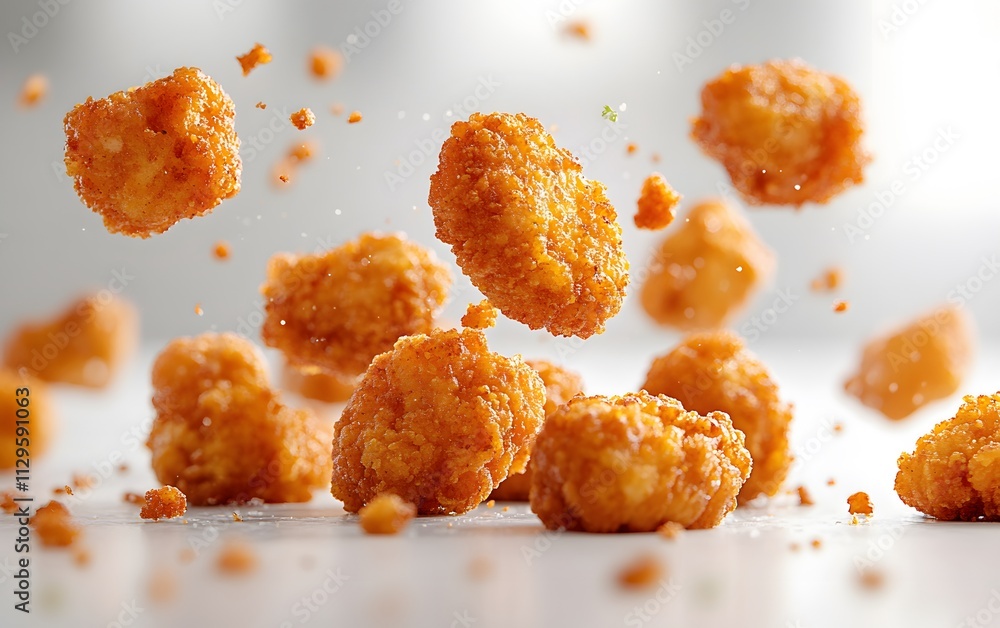 Fried chicken nuggets falling in the air on a white background design,
Fried chicken nuggets falling in the air on a white background design,