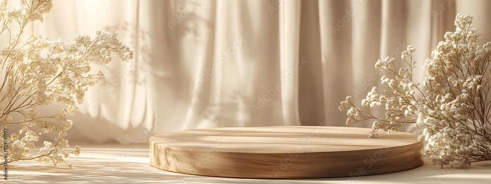 A podium for product presentation, with light wood and beige tones A podium for product presentation, with light wood and beige tones