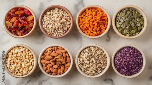 Overhead view of eight bowls filled with various healthy ingredients.