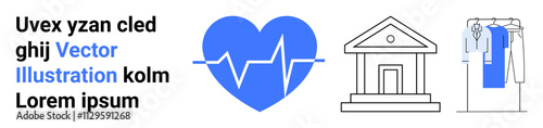 Blue heartbeat icon with health theme beside a classical building and hanging clothes. Ideal for health, finance, architecture, education, retail, lifestyle, and wellness. Landing page