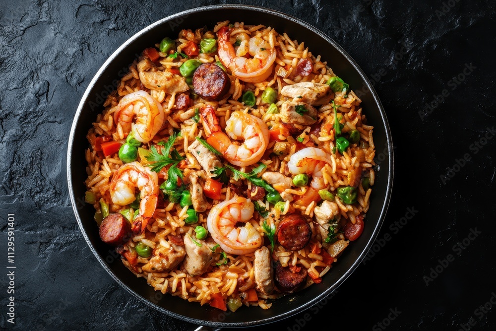 Creole jambalaya featuring shrimp chicken smoked sausage and veggies cooked in a frying pan on a dark surface Bird s eye view close up Creole jambalaya featuring shrimp chicken smoked sausage and veggies cooked in a frying pan on a dark surface Bird s eye view close up