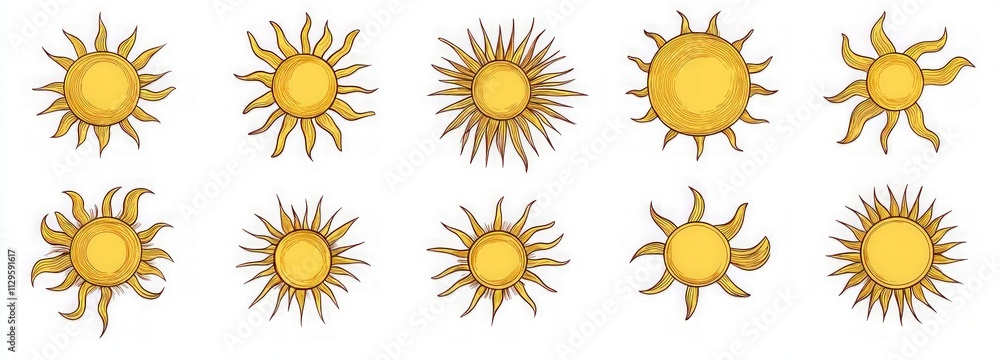 Hand-Drawn Yellow Sun Icons Set Isolated on White Background Hand-Drawn Yellow Sun Icons Set Isolated on White Background