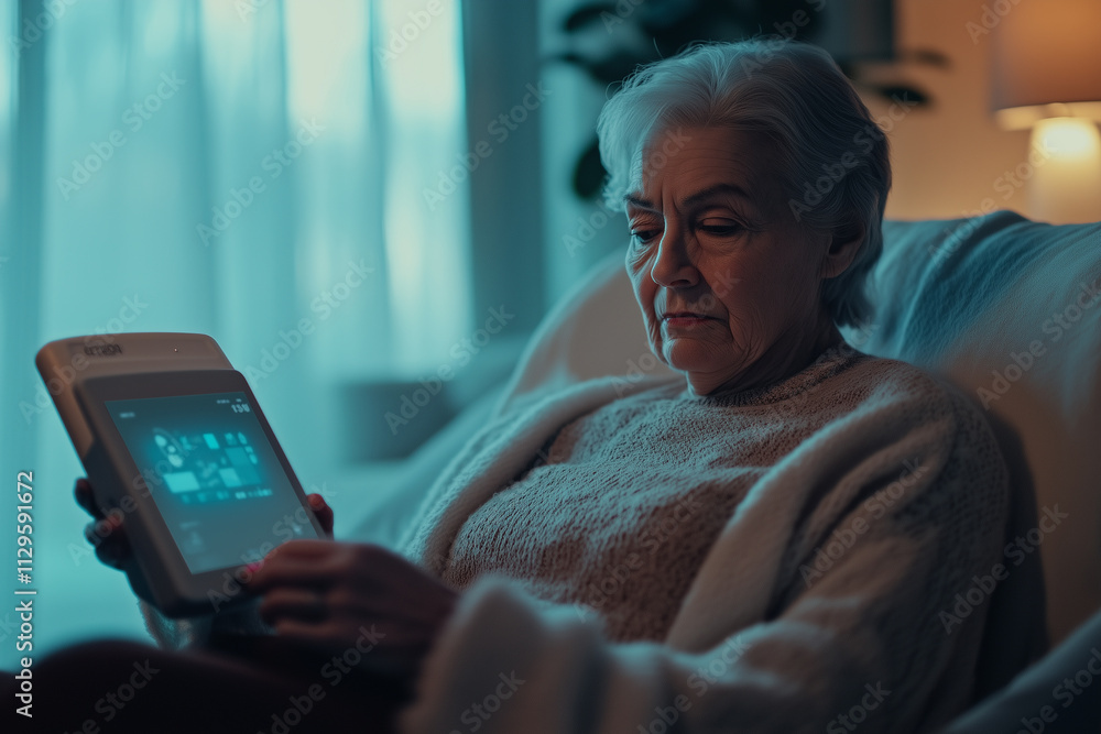 Elderly patient engages in telemedicine consultation at home during evening hours for health monitoring and assessment Elderly patient engages in telemedicine consultation at home during evening hours for health monitoring and assessment