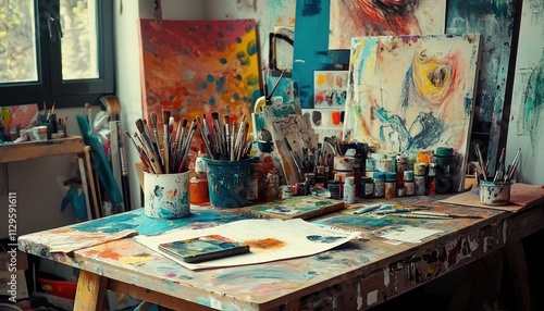 A vibrant artist's studio featuring a cluttered table filled with paint supplies, brushes, and colorful canvases, radiating creativity and inspiration.