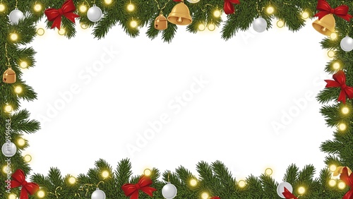 Festive Christmas garland with red ribbons silver baubles and golden bells on white background