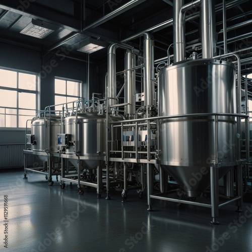 Factory production line of natural yoghurts, large steel tanks and equipment in empty space with no people.