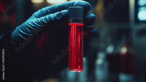 Gloved hand holding a vial of red liquid in laboratory setting