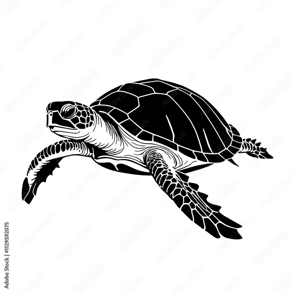 Obraz premium Sea Turtle Silhouette: A graceful sea turtle in black and white silhouette, capturing the essence of marine life. This graphic illustration is perfect for nature, wildlife, and ocean-themed designs. 