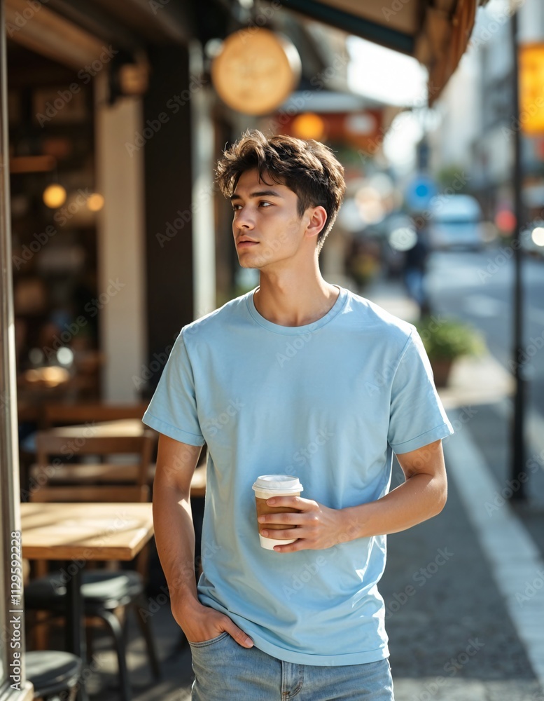 Male young man light-blue mockup T-shirt at cozy outdoor coffee shop street scene Male young man light-blue mockup T-shirt at cozy outdoor coffee shop street scene