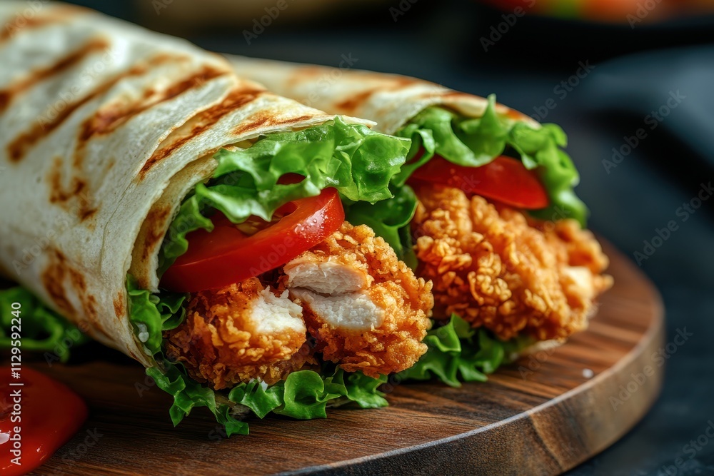 Crispy chicken wrap with lettuce and tomato showcased on a wooden board against a dark backdrop Crispy chicken wrap with lettuce and tomato showcased on a wooden board against a dark backdrop