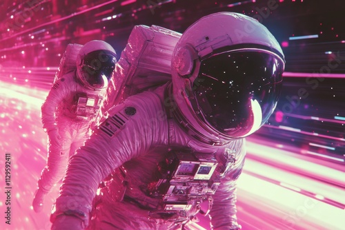 Astronaut in a vibrant space environment with glowing lights photo