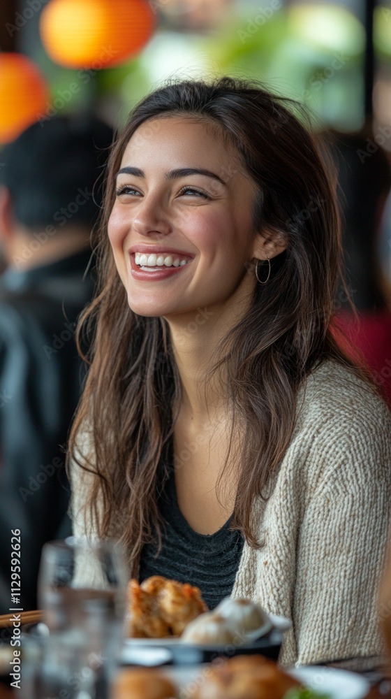 A young woman with long, wavy hair laughs joyfully while seated at a table in a bustling restaurant during the late afternoon with friends nearby A young woman with long, wavy hair laughs joyfully while seated at a table in a bustling restaurant during the late afternoon with friends nearby