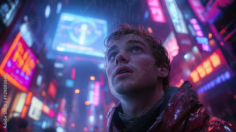 Portrait of a young man in a neon-lit futuristic city Portrait of a young man in a neon-lit futuristic city