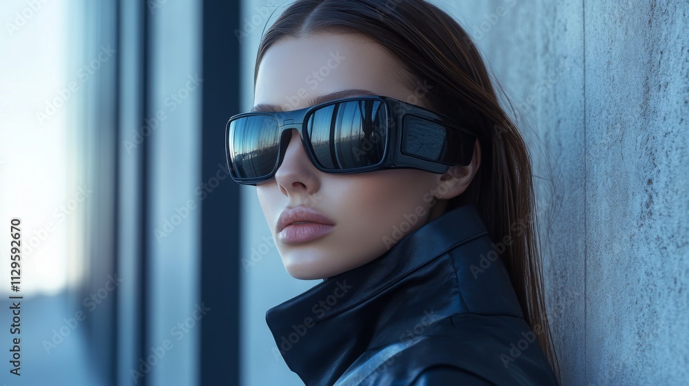 Close-up of a woman wearing sleek black futuristic sunglasses Close-up of a woman wearing sleek black futuristic sunglasses