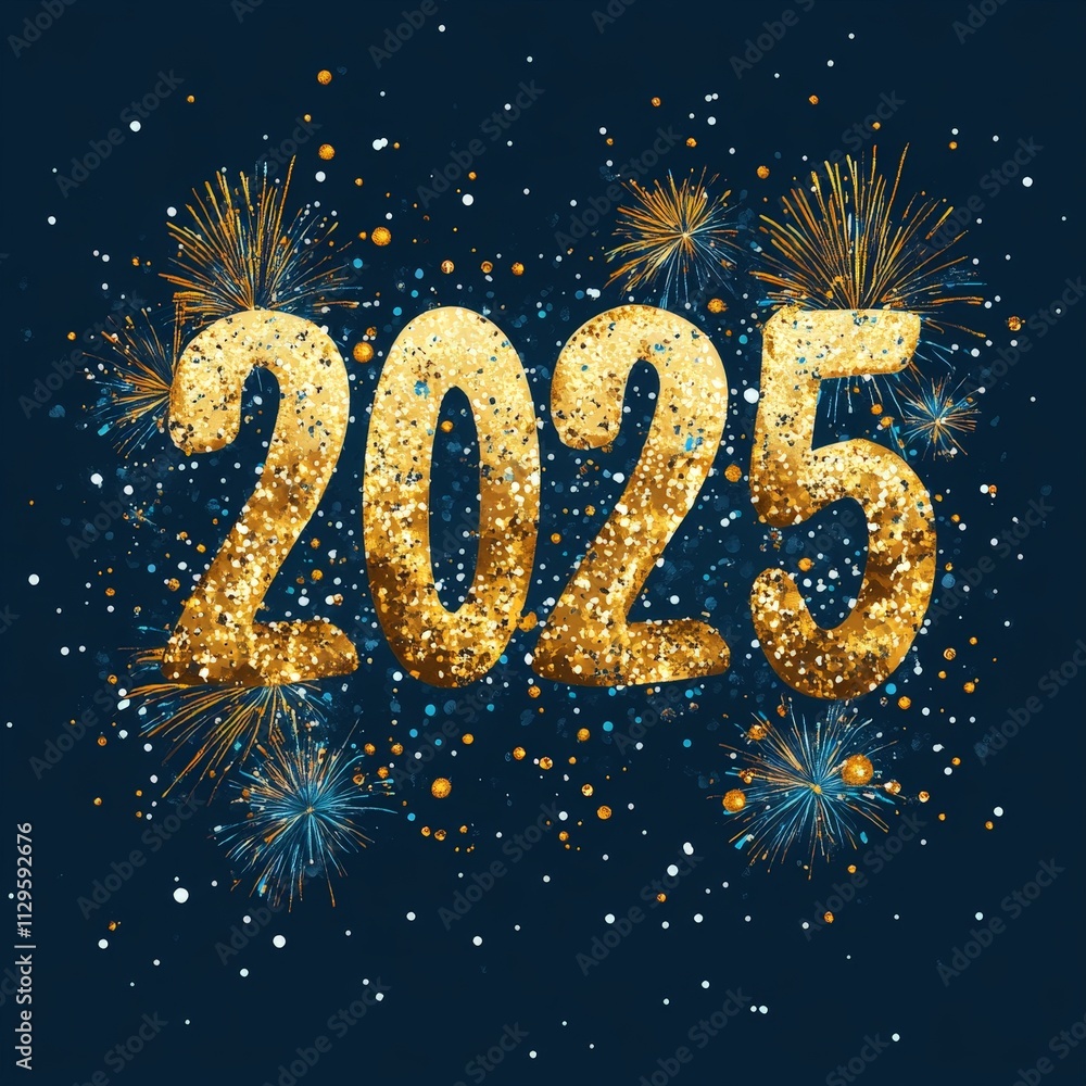 Bright Golden 2025 Numbers with Fireworks Display