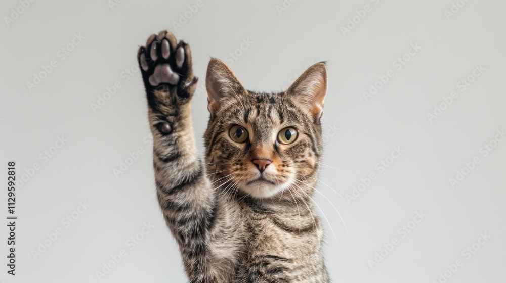 Obraz premium Tabby Cat Raising Paw in a Playful Pose