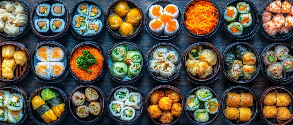 A vibrant selection of dim sum dishes is presented in bamboo steamers, showcasing various shapes, colors, and textures at a lively restaurant setting A vibrant selection of dim sum dishes is presented in bamboo steamers, showcasing various shapes, colors, and textures at a lively restaurant setting
