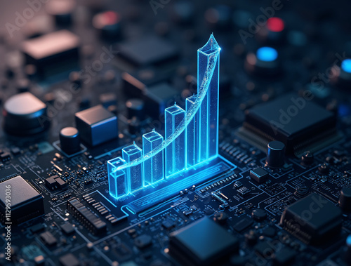 Digital financial chart with an upward trend on a technology and cryptocurrency background.
