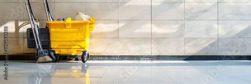 Yellow bucket with cleaning brush and mop
