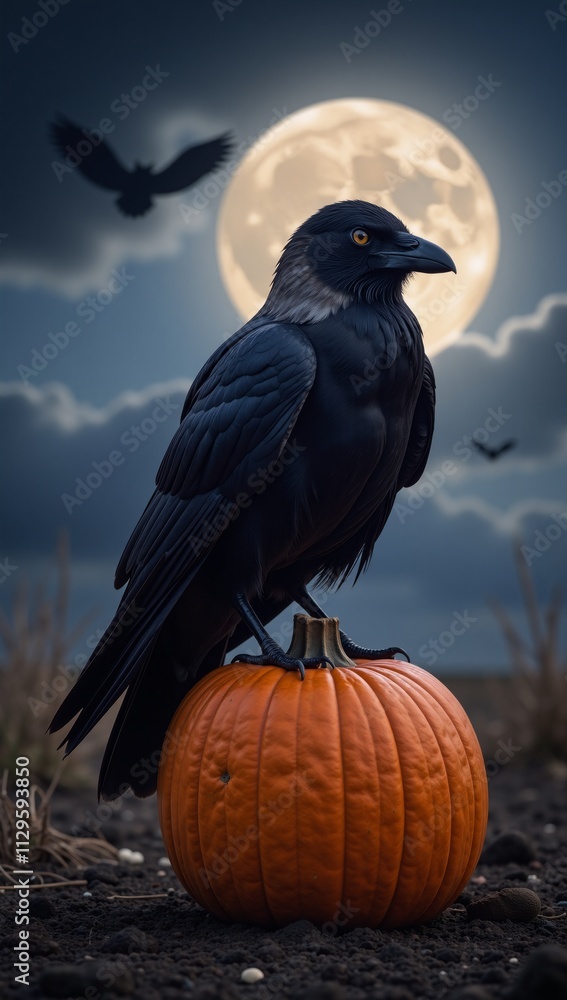 Fototapeta premium A crow perches on a Halloween pumpkin amidst a scary night scene with clouds a full moon and bats flying