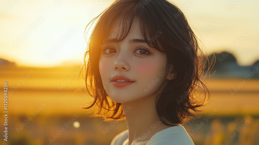 Young woman in a field during a serene golden sunset Young woman in a field during a serene golden sunset