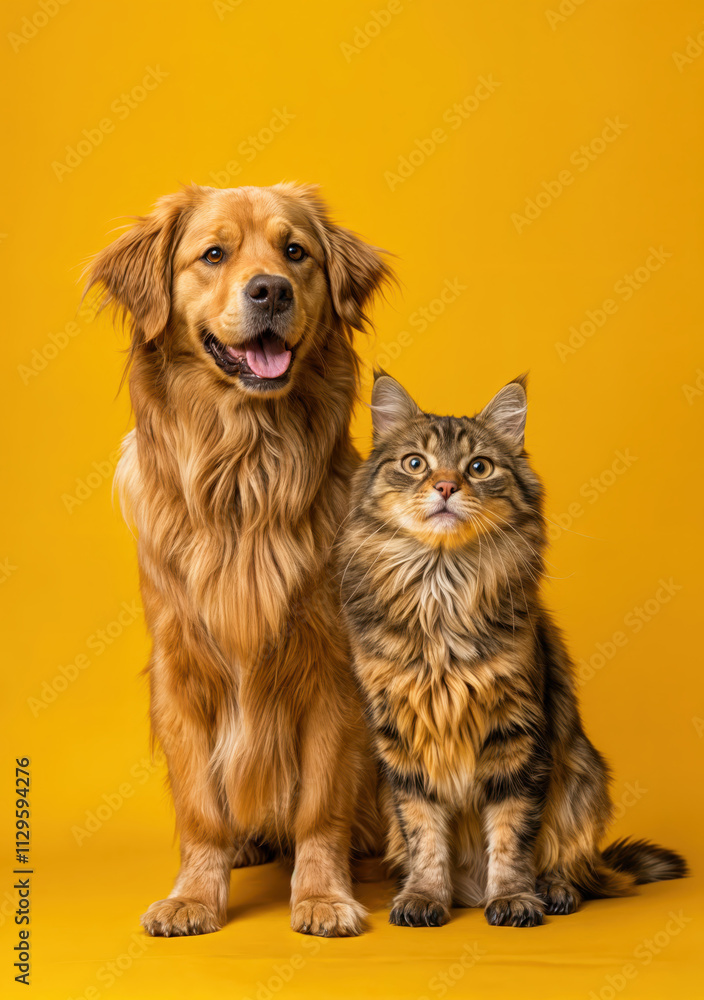 Fototapeta premium Golden retriever and maine coon cat sitting together on yellow background