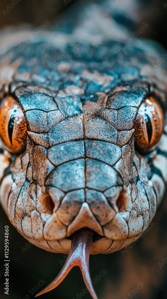 Close-up of a snake with detailed scales and tongue out Close-up of a snake with detailed scales and tongue out