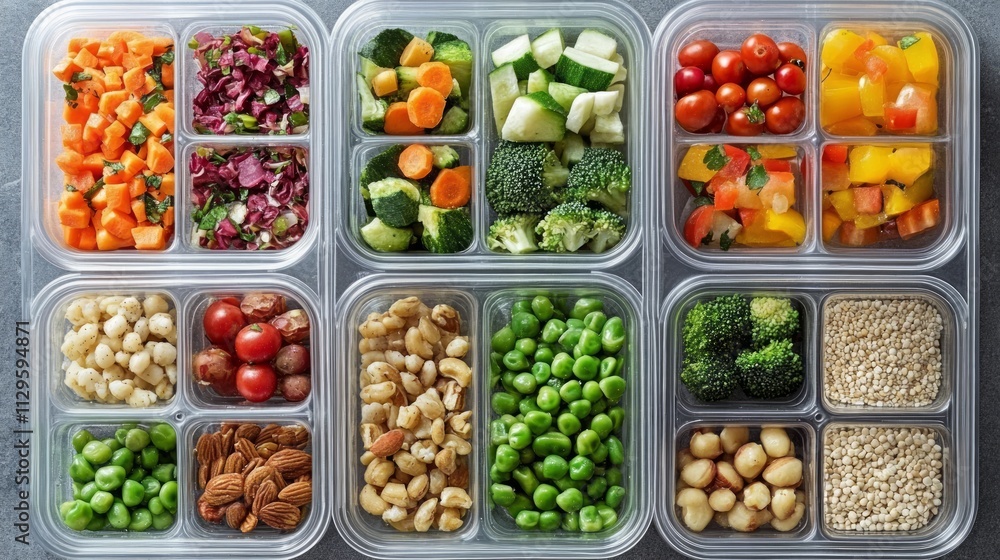 Brightly colored meal prep containers filled with a variety of fresh vegetables and nuts arranged neatly, promoting a healthy lifestyle for weight loss Brightly colored meal prep containers filled with a variety of fresh vegetables and nuts arranged neatly, promoting a healthy lifestyle for weight loss