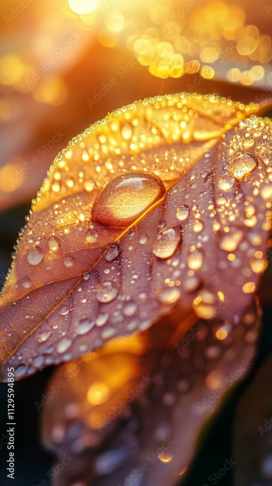 Close-up of a dewy leaf glowing in warm sunlight Close-up of a dewy leaf glowing in warm sunlight