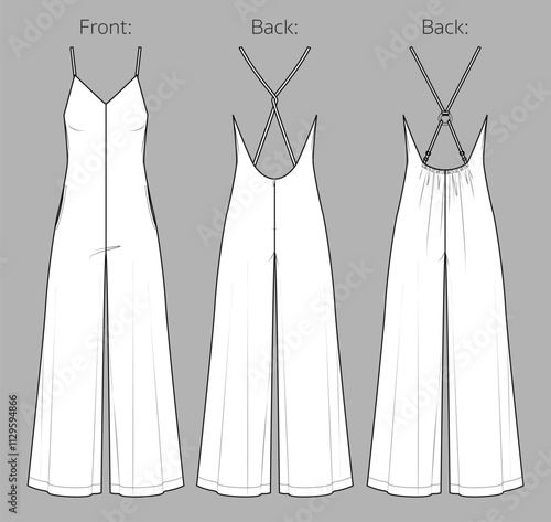 Vector woman V neck jumpsuit technical drawing, sleeveless jersey jumpsuit with opened back fashion CAD, straight wide legs jumpsuit template, flat, sketch.Jersey or woven fabric jumpsuit, white color