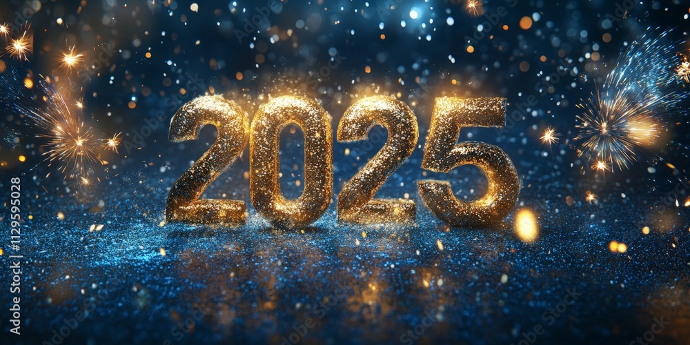 Bright Golden 2025 Numbers with Fireworks Display
