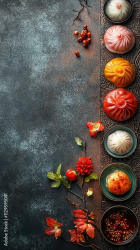 Colorful dim sum varieties displayed on an ornate platter, accented by seasonal flowers and foliage, creating an inviting and artistic dining experience