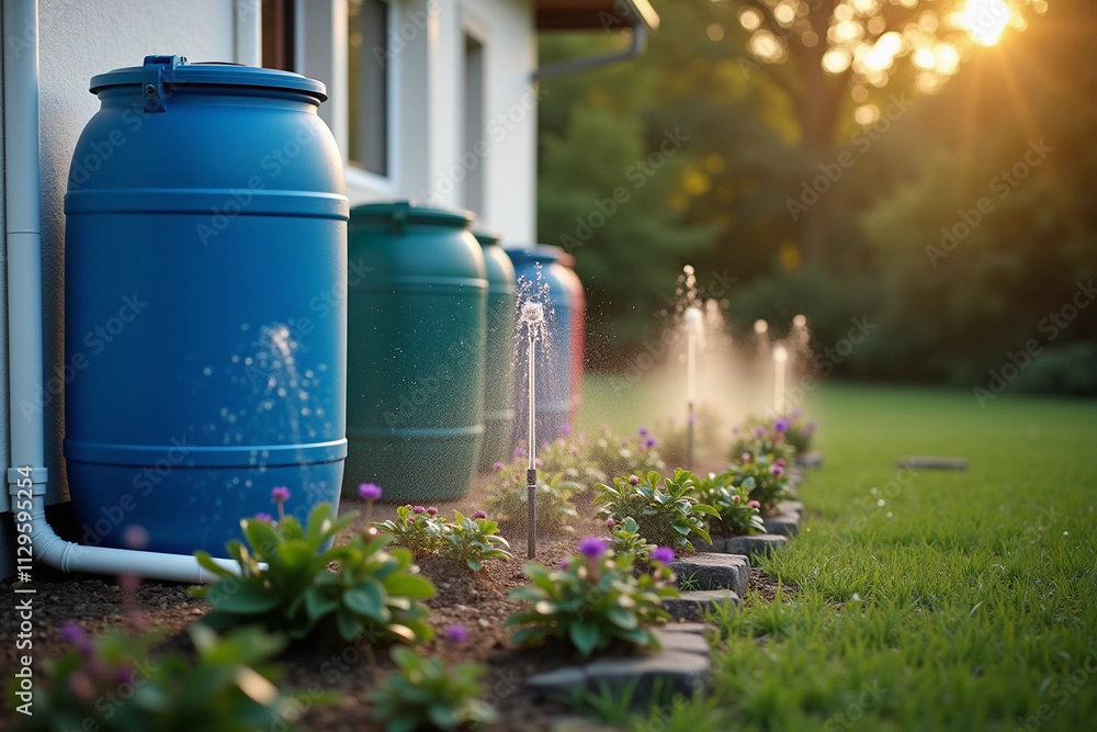 Obraz premium Drip irrigation system in a vegetable garden with colorful barrels and blooming flowers. Drip irrigation in vegetable garden