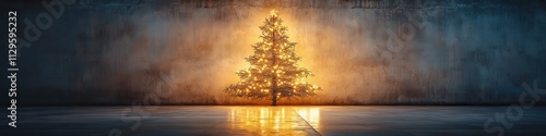 Solitary Christmas Tree at Sunset on Calm Water, Realistic Scene on Floating Platform