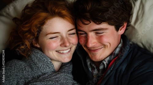 A red-haired woman and a man with dark hair share a joyful moment while embracing each other in a cozy atmosphere, radiating happiness and affection