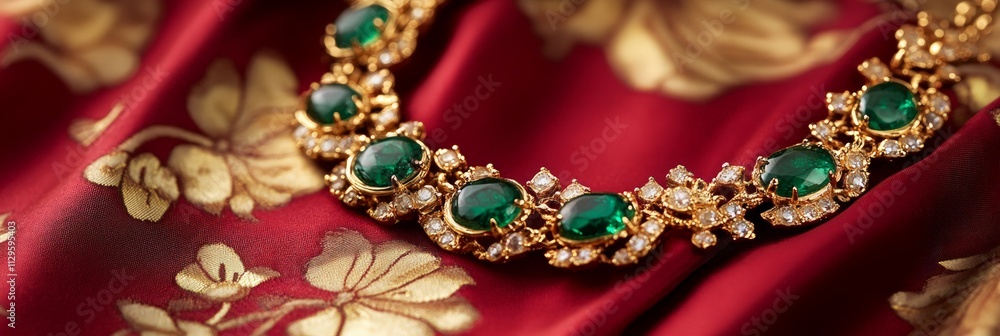 Obraz premium Close-Up of a Gold Necklace with Emerald and Green Gem Accents