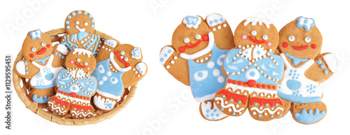 christmas gingerbread cookie in a wicker basket isolated on white background. Top view. Flat lay