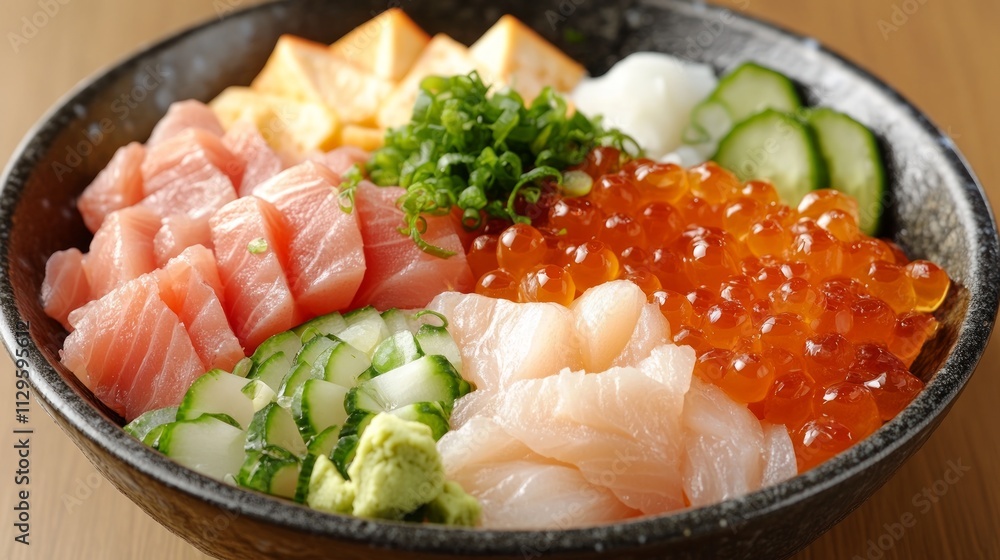 A colorful bowl showcases various fresh sashimi, including salmon and tuna, garnished with wasabi and green onions, ideal for a nutritious dining experience A colorful bowl showcases various fresh sashimi, including salmon and tuna, garnished with wasabi and green onions, ideal for a nutritious dining experience