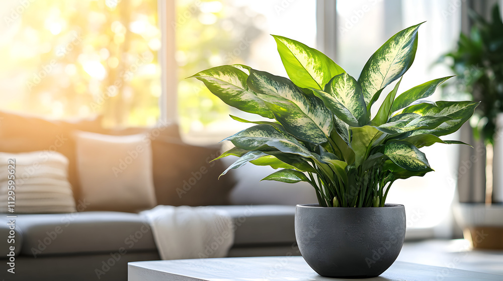 A Serene Display of Aglaonema in a Modern Living Room Filled with Sunlight and Greenery A Serene Display of Aglaonema in a Modern Living Room Filled with Sunlight and Greenery