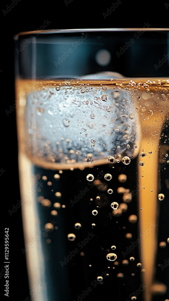 A sparkling cocktail filled with ice sits elegantly in a glass against a dark background, showcasing effervescent bubbles and a sense of refreshment A sparkling cocktail filled with ice sits elegantly in a glass against a dark background, showcasing effervescent bubbles and a sense of refreshment